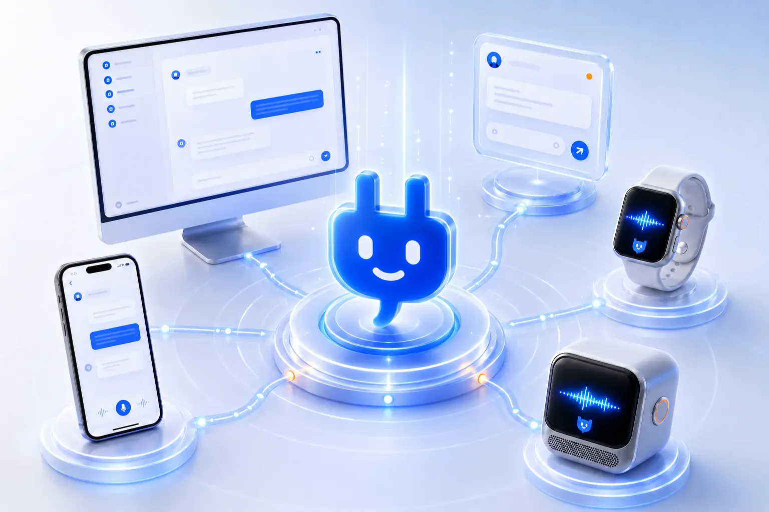 Assistant Core ecosystem across web, app, embedded widget, watch, and voice device